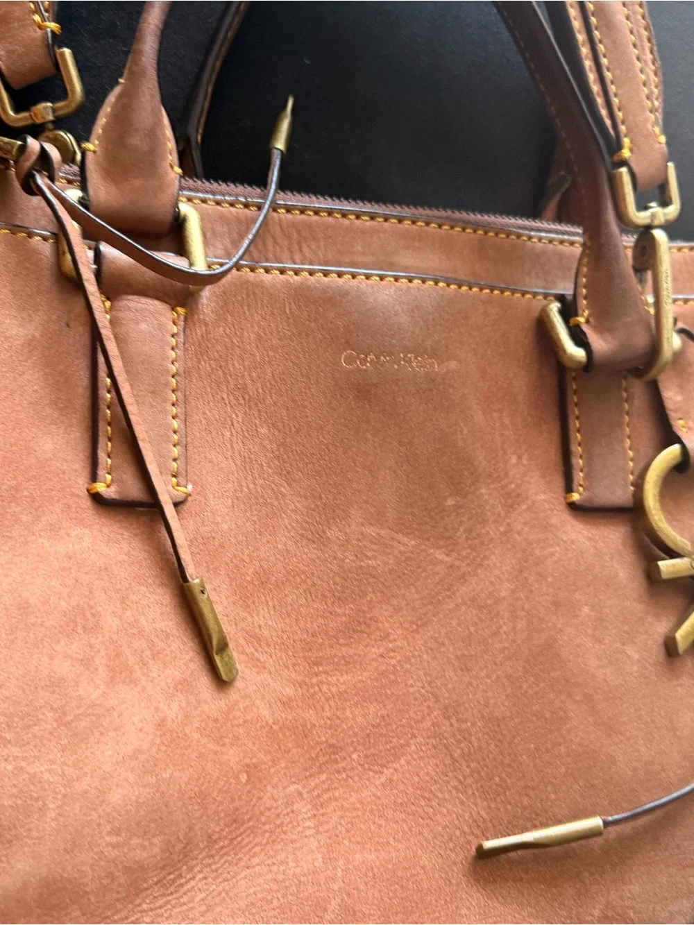 Calvin Klein Brown Leather Hobo Satchel with Gold Hardware
